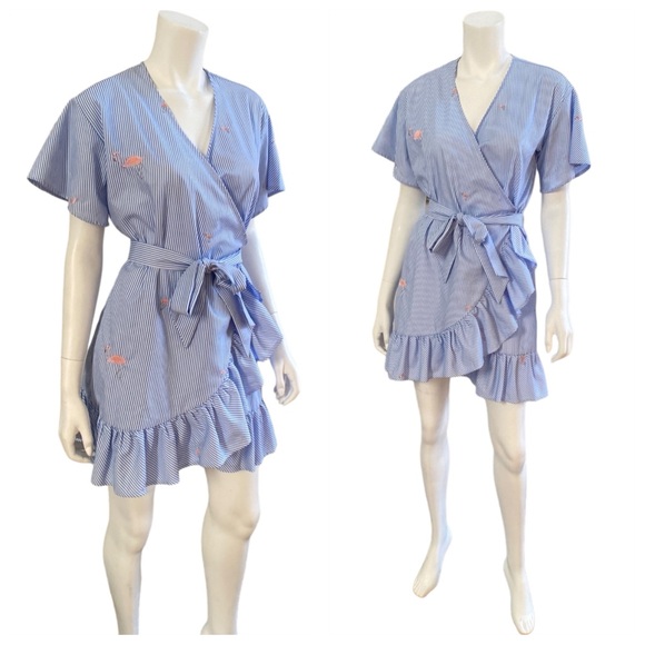 ROMEO & JULIET COUTURE Blue & White Striped Wrap Dress With Flamingos, Small - Picture 2 of 12